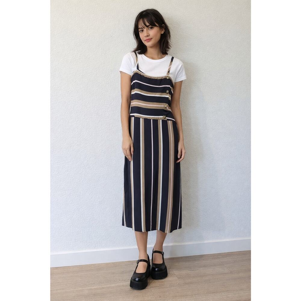 VTG Y2K Women Sz L Striped Multicolored Black Stripe‎ Square Neck Slip Dress